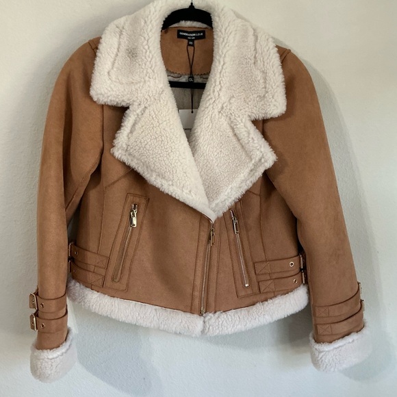 Generation Love Dion Vegan Suede Shearling Cognac Moto Jacket Size XXS (Small) - Picture 5 of 14